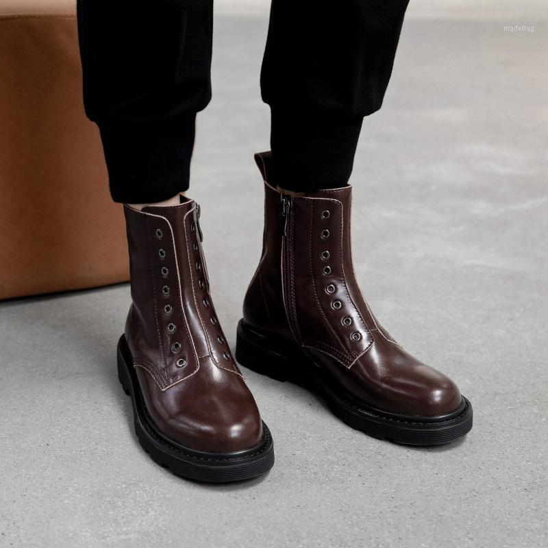 

2020 New winter ankle boots women's shoes split leather round toe zipper motorcycle boots vintage handsome ankle mujer1, Brown
