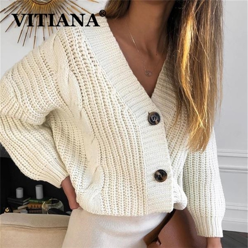 

VITIANA Knit Sweater Women Autumn Female Casual Long Sleeve Button Cardigan Knitted Sweaters Coat Femme Winter Warm Clothes 201119, Yellow