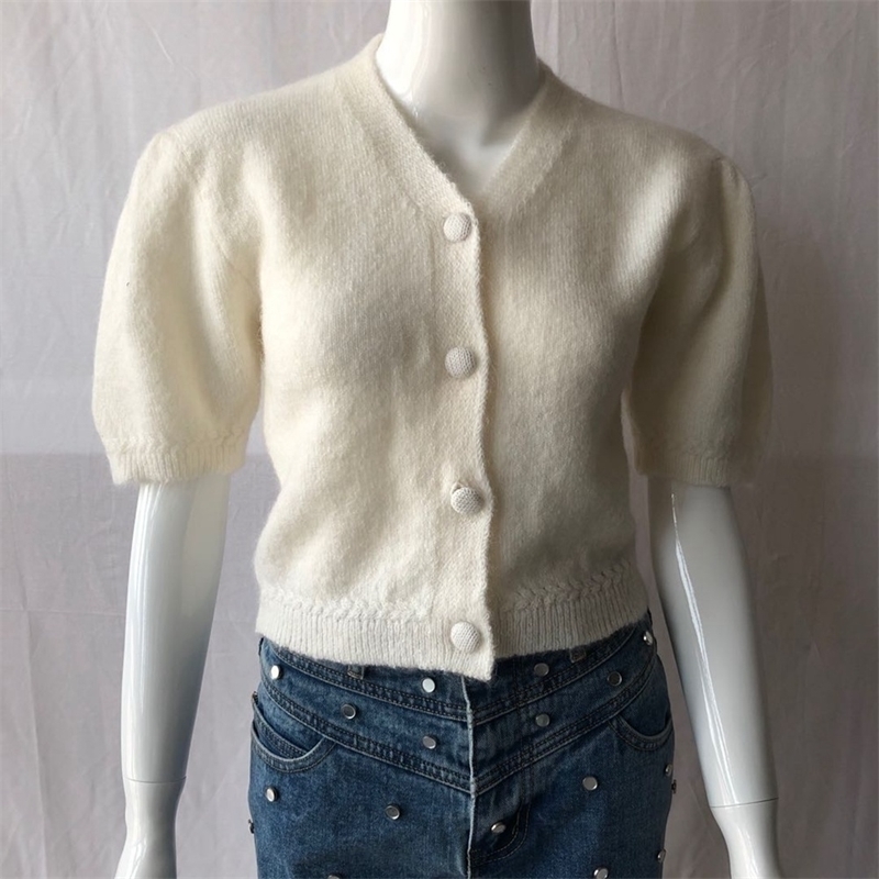 

Women Sweater Early Spring New Puff Sleeve Short Sleeve Knit Mohair Sweater Cardigan 201017, Beige