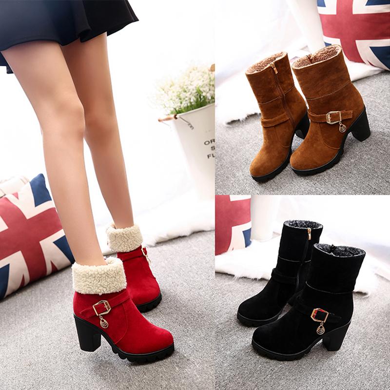 

New Women Boots Winter outdoor keep Warm Fur Boots Waterproof Women's Snow Thick heel with round head short, Black