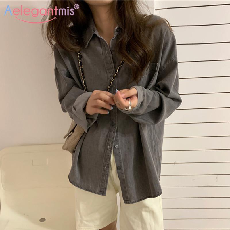

Aelegantmis Denim Loose Long Blouse Women Grey Vintage Turn-down Collar Long Sleeve Blouses Ladies BF Style Casual Shirts Tops, Gray