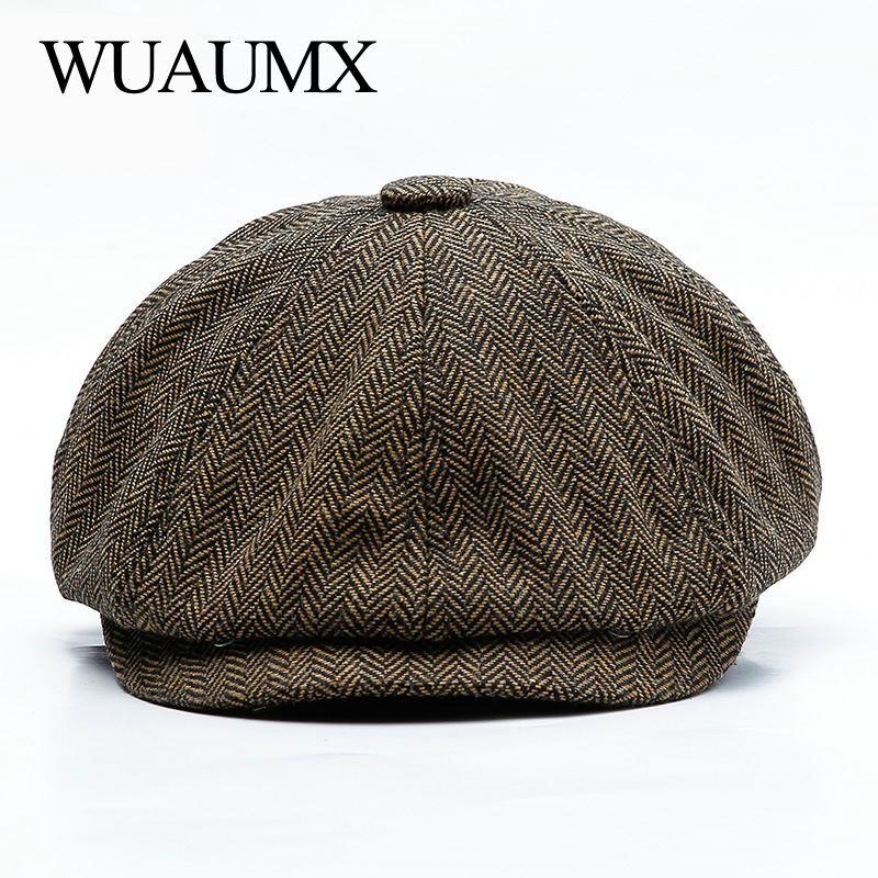 

Wuaumx Unisex Autumn Winter Newsboy Caps Men And Women Warm Tweed Octagonal Hat For Male Detective Hats Retro Flat Caps chapeau, Dark grey
