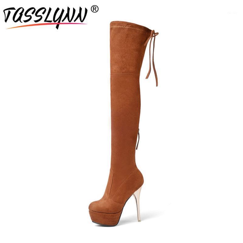 

TASSLYNN 2020 Women Boots Super High Heel Long Boots Solid Over The Knee Stretch Fabric Lace Up Winter Women Shoes Autumn1, Orange