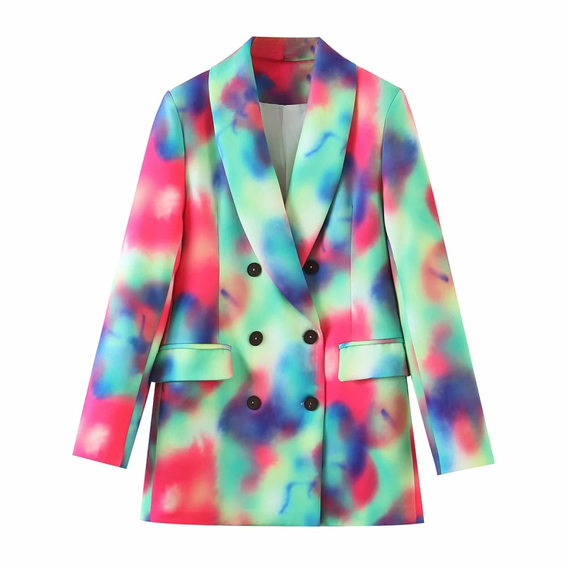 

2021 New Vintage Female Tie Dye Blazers Jacket Elegant Ladies Double Breasted Women's Chic Lady Jackets J2XC, Blue.