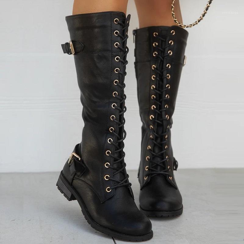 

Autumn Winter Women Knee High Boots Pu Leather Lace Up Platform Ladies Riding Boots Cross Strappy Low Heels Vintage Female Shoes1, Black
