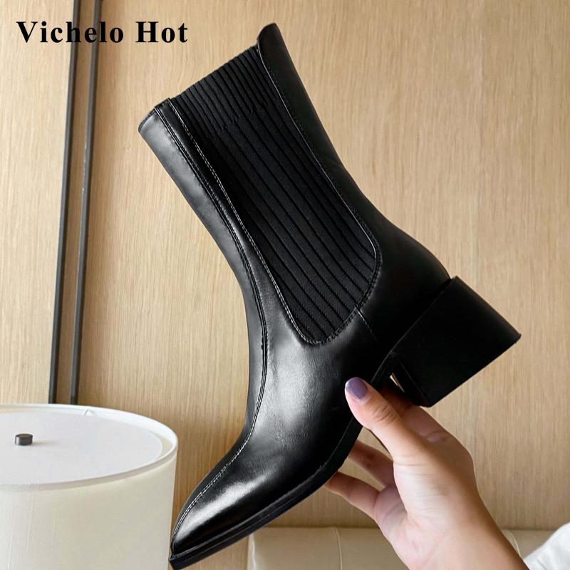

Vichelo Hot stretch boots real cow leather mixed colors square toe thick high heel slip on office lady dress mid-calf boots L39, Balck short