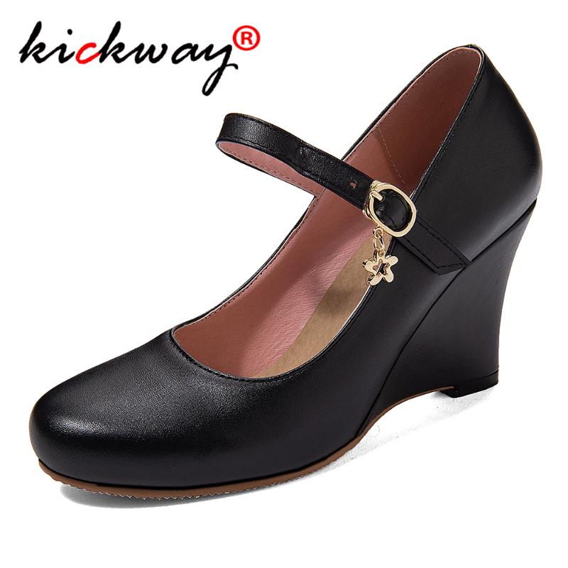 

Women Wedge Ankle Strap Pumps Round Toe Buckle Sweet High Heel Platform Women Office Shoes Black White Solid Shallow Spring Shoe
