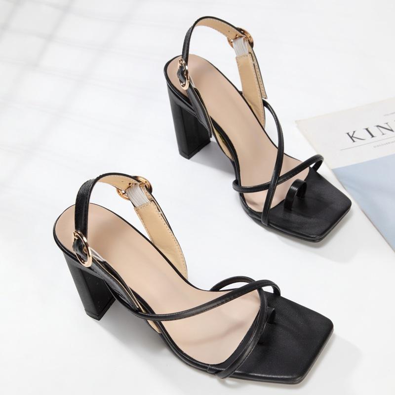 

Summer Women Square Open Toe Sandals Block High Heels Gladiator Ladies Shoes Black Buckle Strap Platform Party Sandals