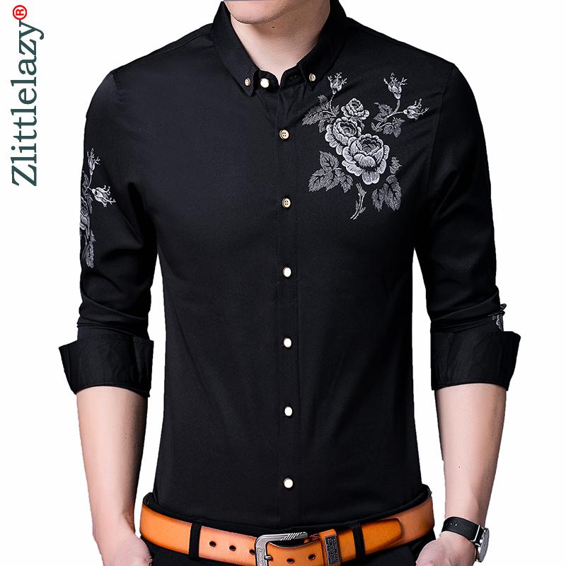 

2020 Brand Long Sleeve Men Social Shirt Spring Streetwear Casual Floral Shirts Dress Mens Slim Regular Fit Clothes Fashions 0083, Black