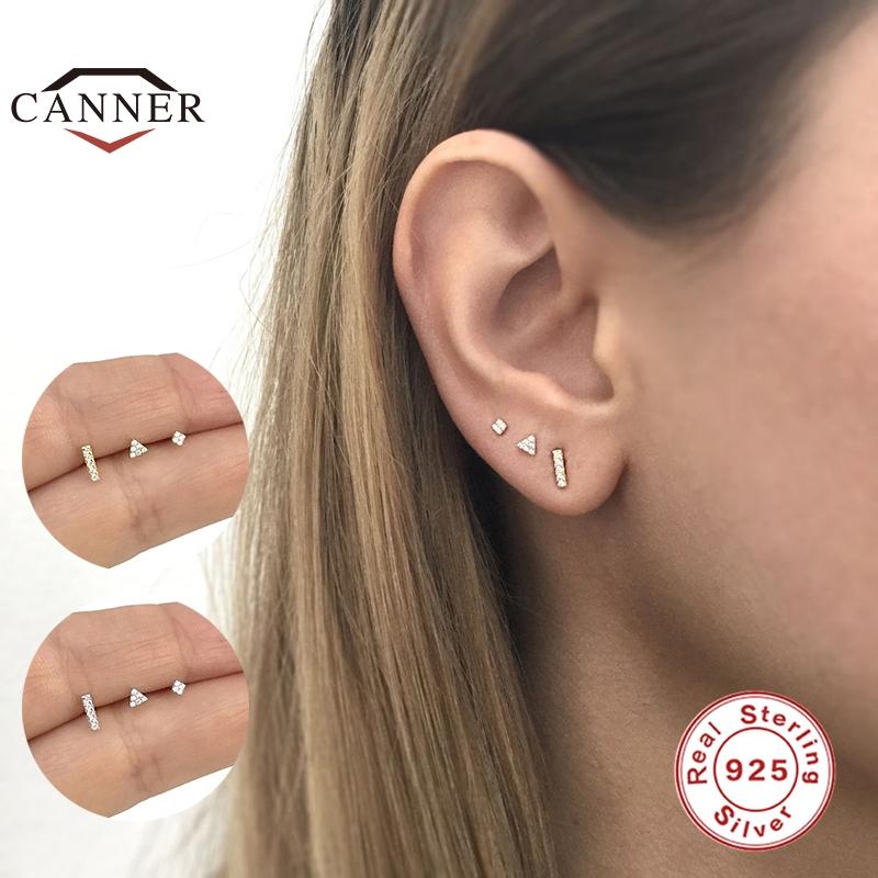

Stud CANNER 1 Set Real 925 Sterling Silver Exquisite Mini CZ Zircon Earrings For Women Three-piece Piercing Earings Pendientes