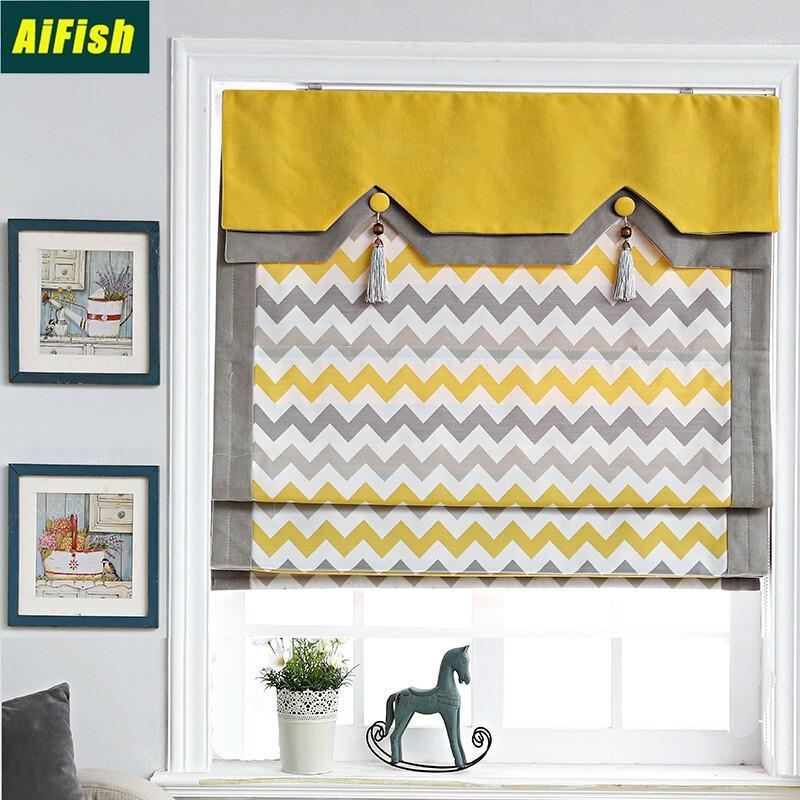 

Nordic Roman Blinds Yellow/Blue Wave Stripe Printing Dyeing Bedroom Decoration Study Bay Window Cotton Linen Lifting Curtains 61