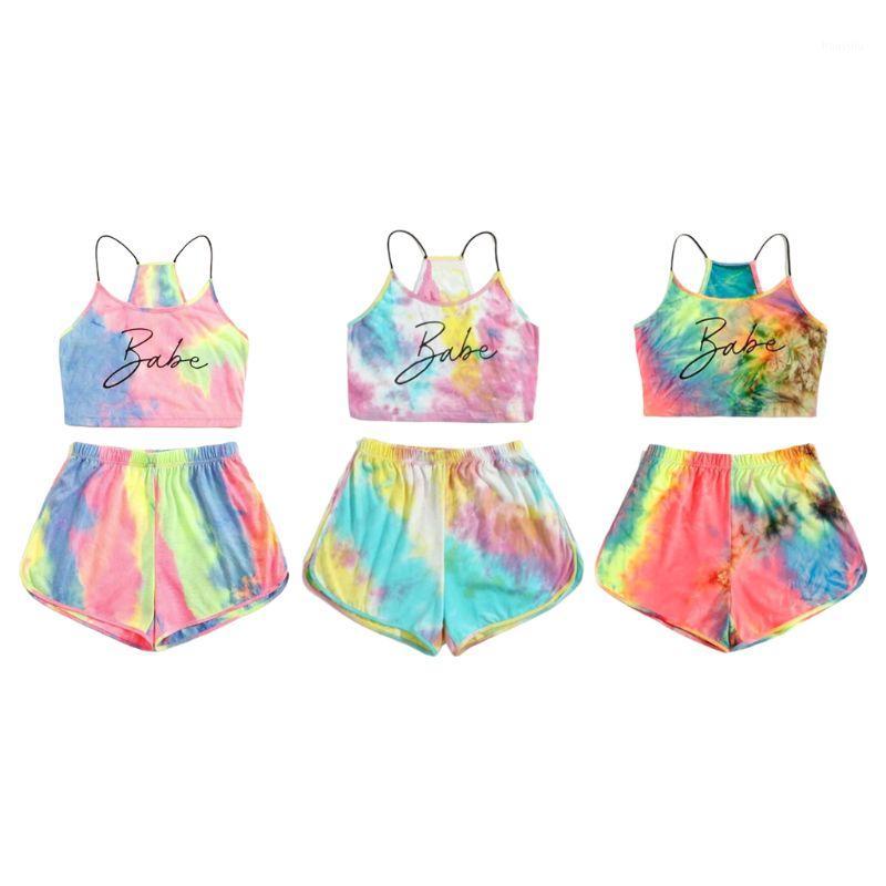 

Women Tie-Dye Letter 2 Piece Set Gradient Rainbow Cami Crop Top Shorts Tracksuit1