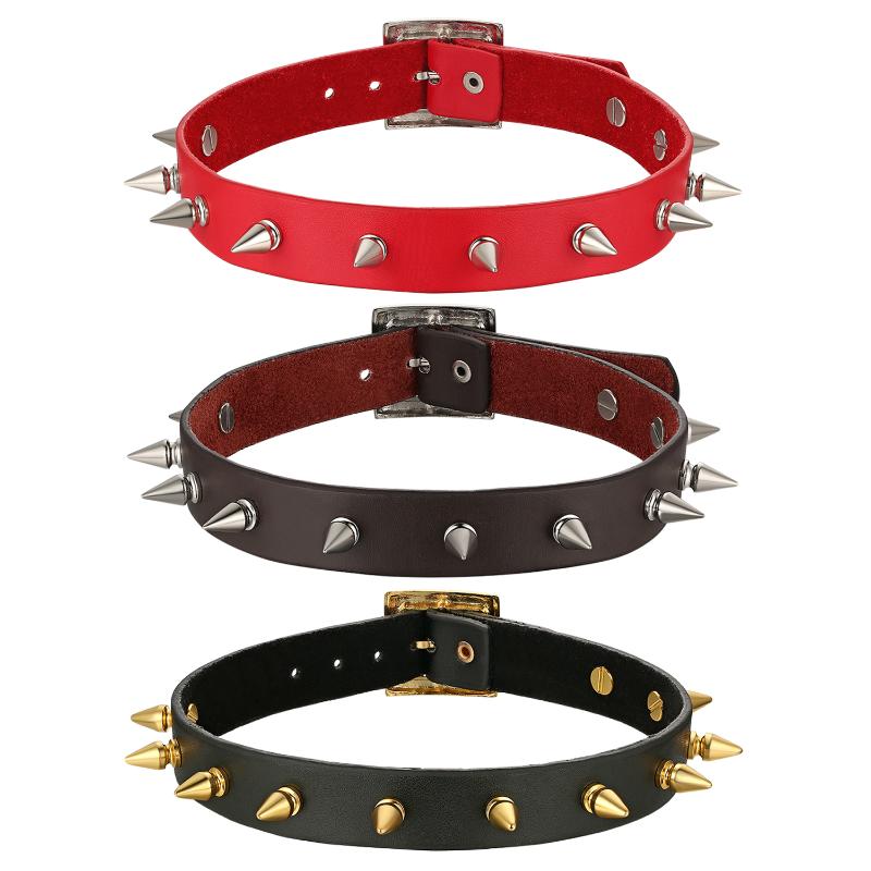 

BONISKISS 2020 New Rock Spike Rivet Choker Belt Collar Leather Goth Necklace Studded Chocker Necklace For Woman Man jewelry