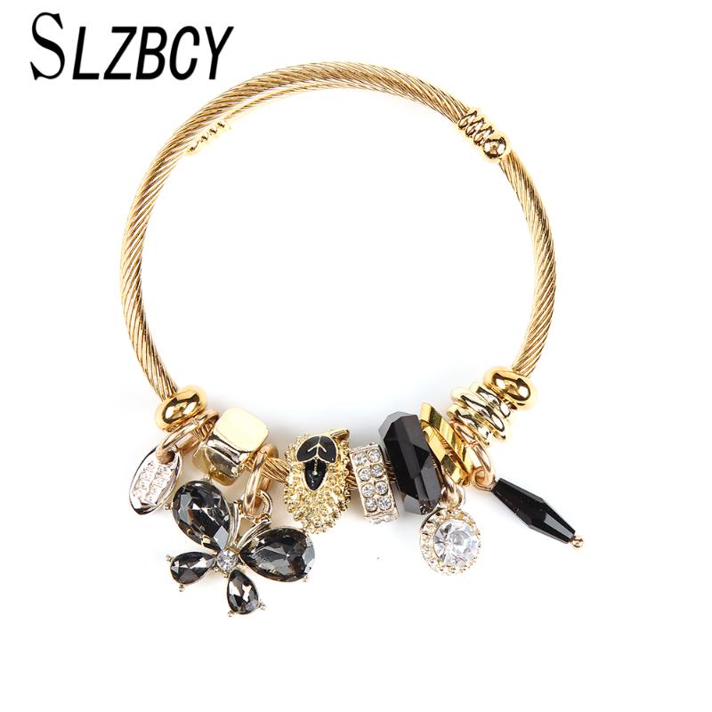 

Opening Adjustable Cute Butterfly Rhinestone Bracelets Bangles Stainless Steel Crystal Beads Children Women Charm Bangle Jewelry