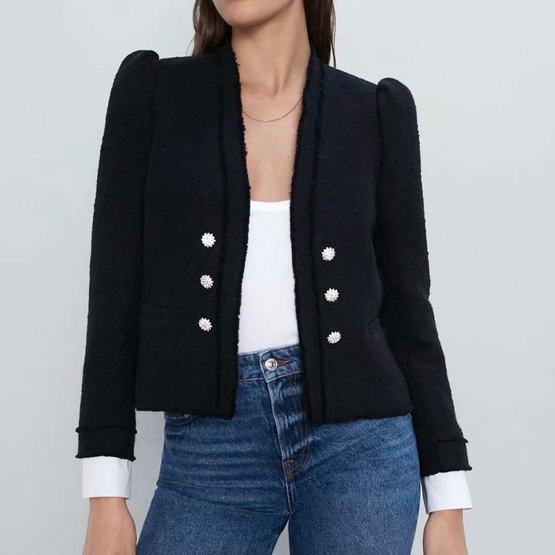 

European Woolen Blazers Women Knitted Soft Wool Short Jacket Fake Two Pieces Patchwork Sleeves Office Lady Double Breasted Coat, Black
