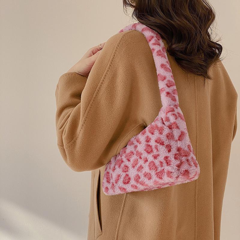 

2021 Winter Cow Print Underarm Bags For Women Soft Plush Pink Leopard Small Shoulder Bags Female Warm Fluffy Tote Bolsas, Brown leopard