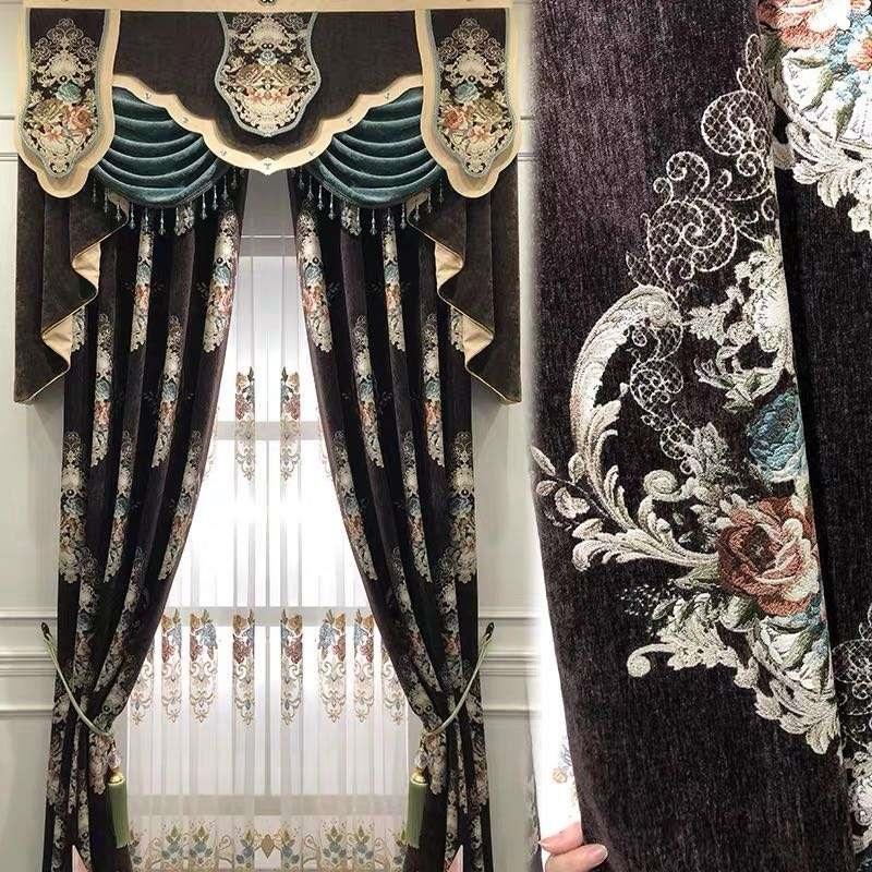 

New European Embroidery Thickened Chenille Curtain Cloth for Living Room Villa Bedroom Shading Curtain Tulle Valance Custom