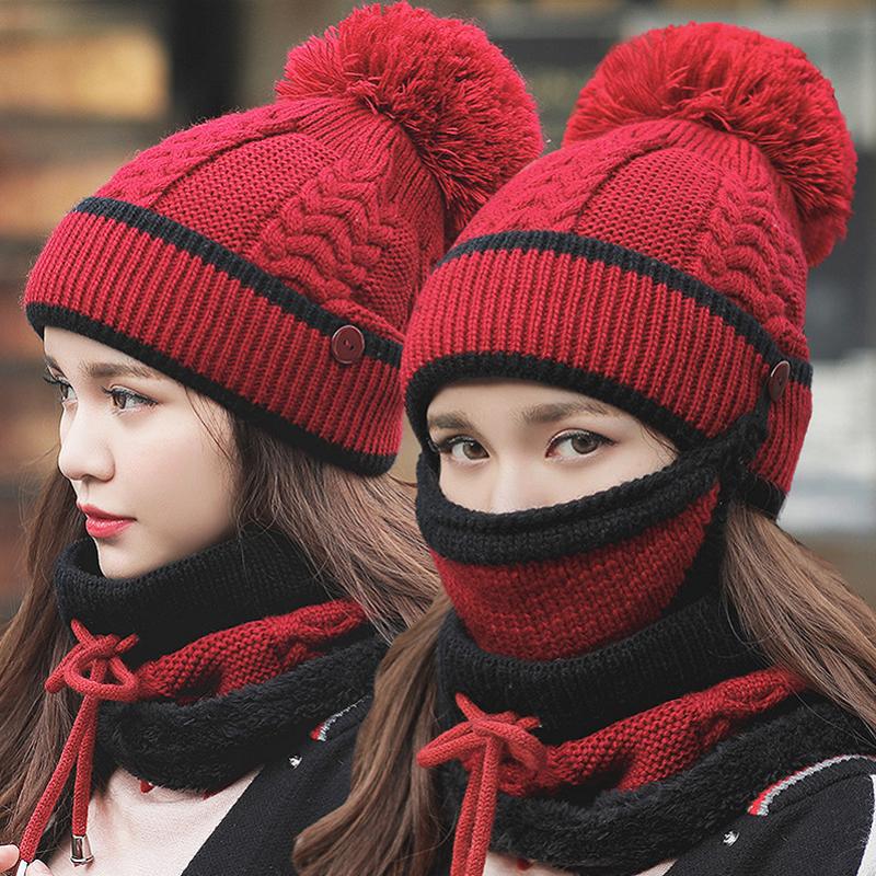 

Rimiut Fashion Winter Women's Hat Scarf Face Mask Three-piece Set Windproof Antifreeze Knitted Warm Hats, Black