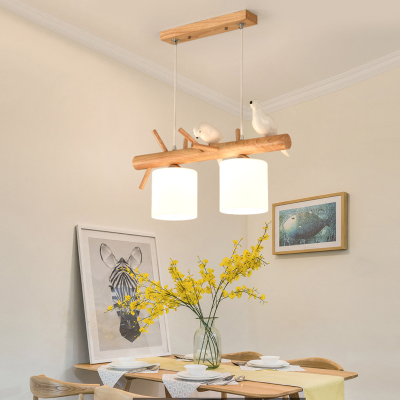 

Nordic Personality Bird Restaurant Pendant lamp Solid Wood Long Strip White Glass LED Chandelier 2/3 Heads Living Room Study Lamp