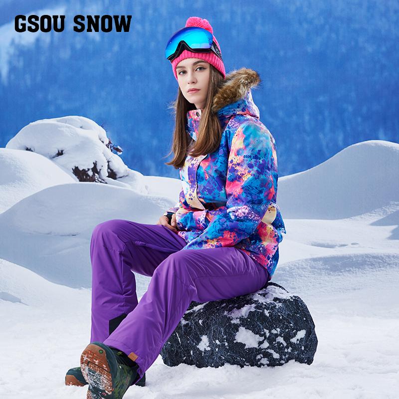 

GSOU SNOW 2020 New Winter Women's Ski Suit With Hair Collar Windbreaker Warm Waterproof Breathable Ski Jacket Pants, One