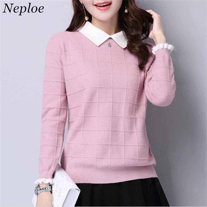 

Neploe Plus Size Sweater Pull Femme Autumn Winter Solid Knitted Pullover Long Sleeve Doll Collar Knitwear Jumper 34403 201017, Beige