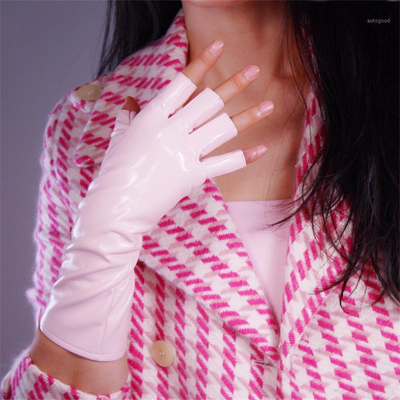 

Five Fingers Gloves Patent Leather Half Finger 28cm Medium And Long Section Emulation Bright Light Pink Fingerless PU1431