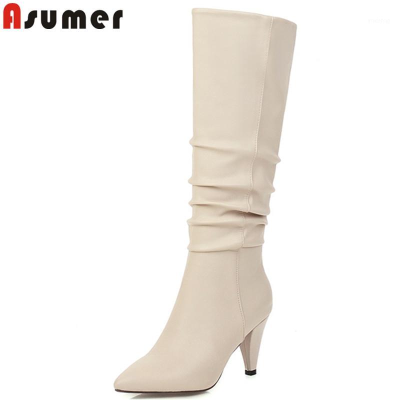 

ASUMER 2020 hot sale knee high boots women high heels shoes pointed toe autumn winter long boots woman party wedding shoes1, Black flock
