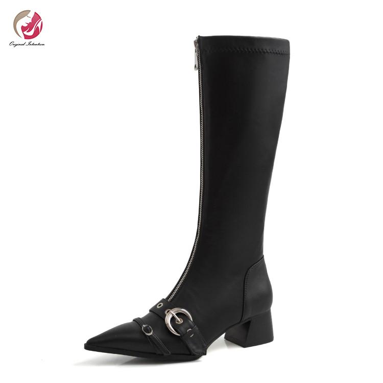 

Original Intention Knee High Rivet Lace Boots Pointed Toe Square Heels Boots Real Leather Shoes Woman Casual Dress High Quality, Ef7428 black