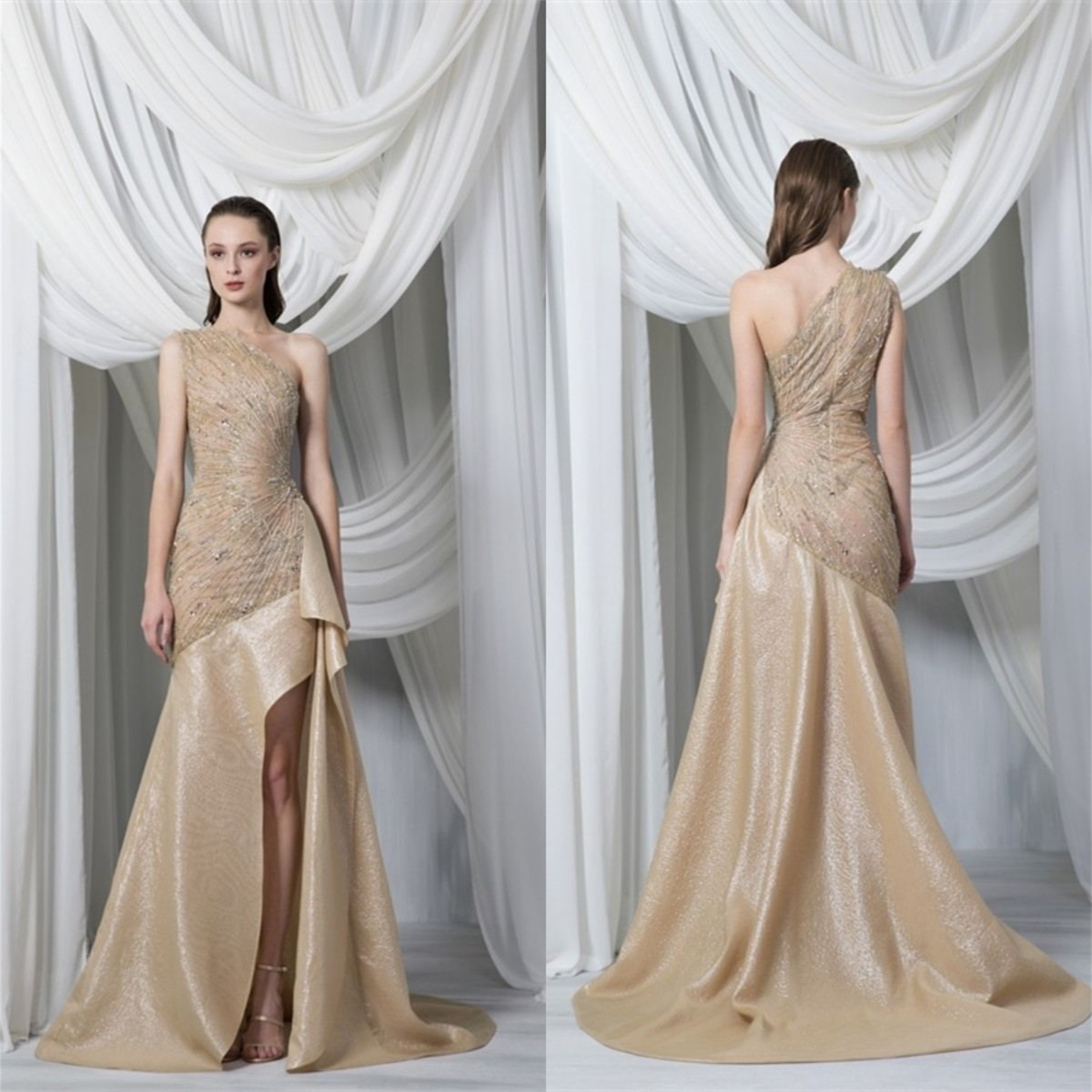 

Champagne Evening Dresses Sexy One Shoulder Split Lace Appliques Prom Gowns Custom Made Sweep Train Special Occasion Dress, Sage