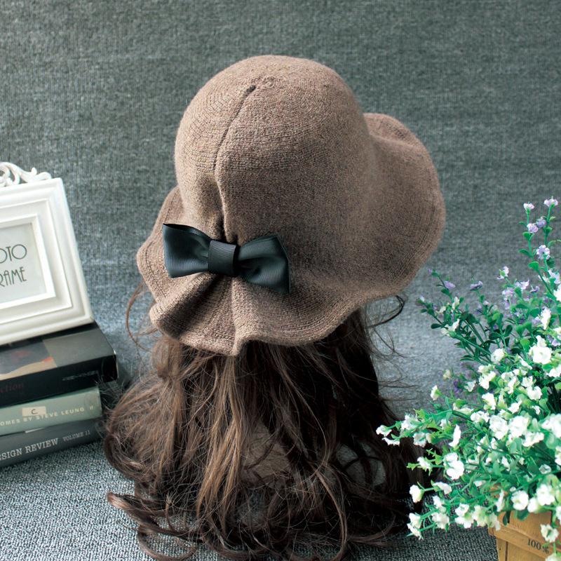 

New Fashion Woolen Vintage Dome Bowknot Bucket Hat Thickened Warm Winter Plush Fisherman Basin Cap For Women Lady Adjustable, Black