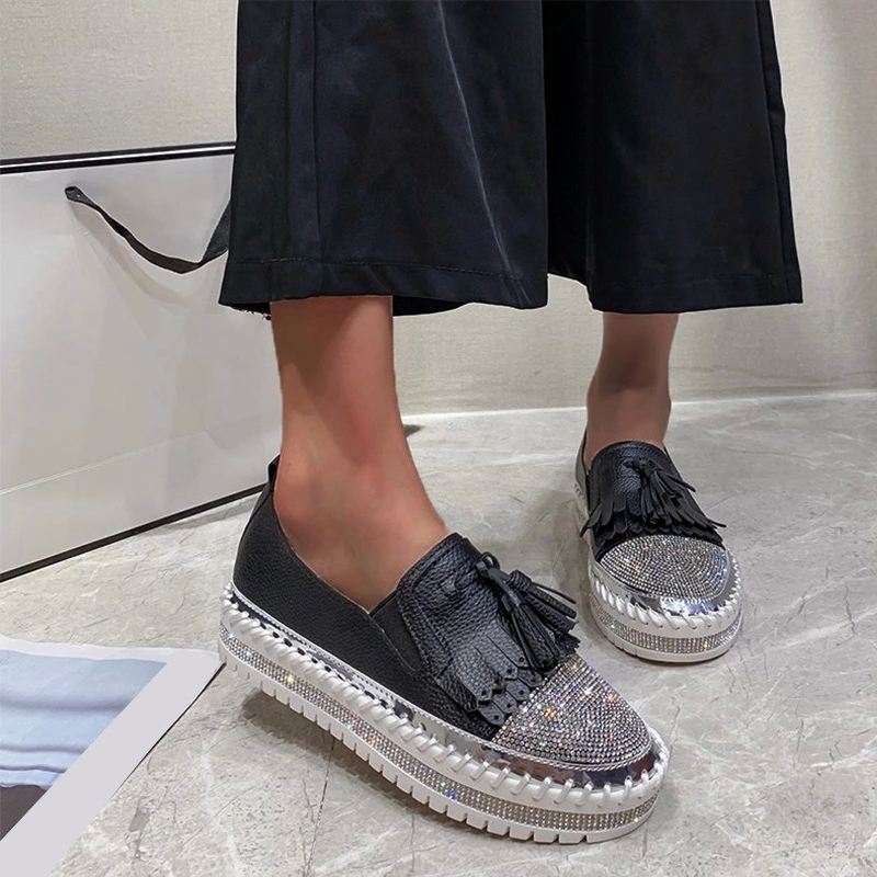 

Women Slip On Platform Shoes Ladies Fringe Crystal Flat Shoes Female Sewing Solid Casual Loafer Woman Fashion Bling Footwear #Kl0r, Black
