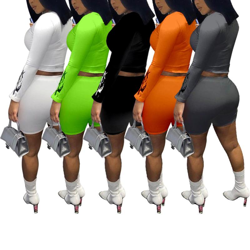 

2 Piece Solid Color Sexy Tight Sportswear Long Sleeve Crew Neck Top Personalized Print Navel High Waist Shorts training suit, Black