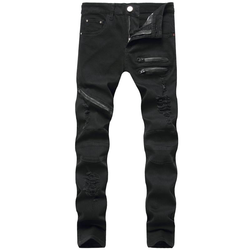 

2020 Hot Sale Ripped Jeans Fashion Wild Solid Color Slim Close-Fitting Casual Hole Pants Trousers with Zipper for Daily, Black