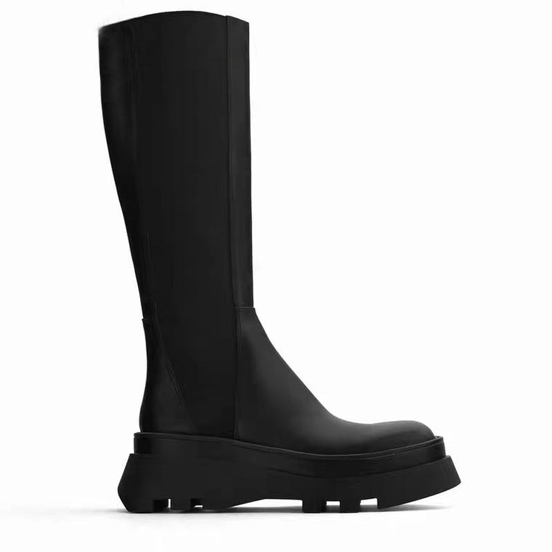 

Spring and Autumn New Female Knight Boots Black Groove Soles Chimney Flat Cow Leather Boots Designer Women Shoes, Black cotton