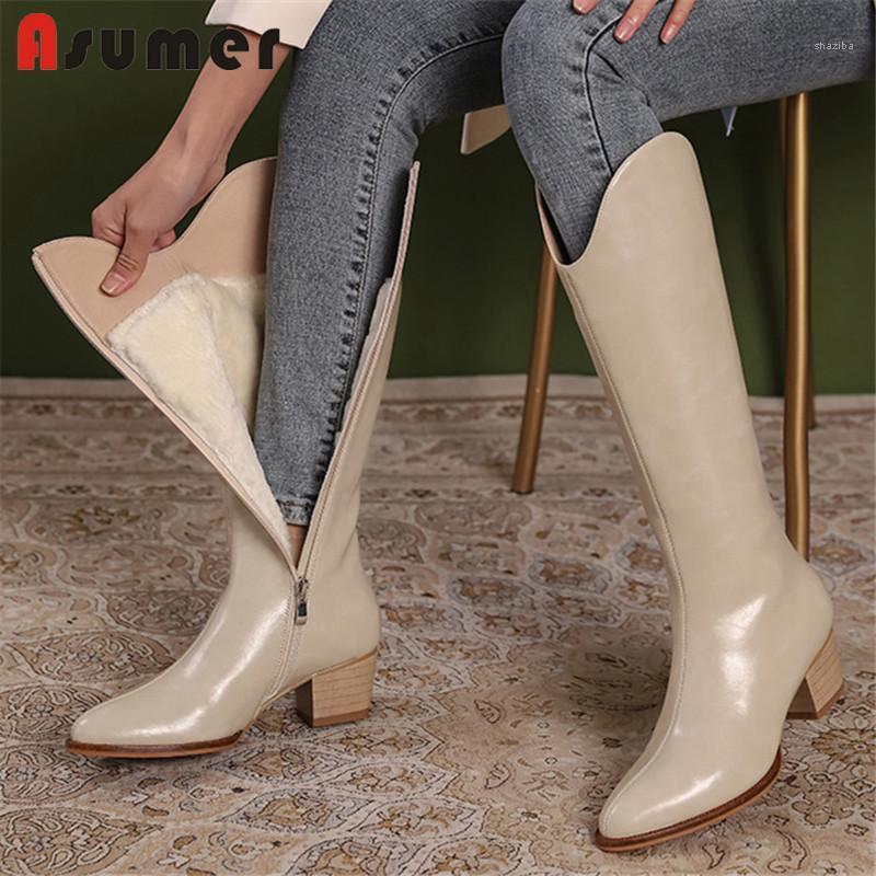 

Asumer Genuine Leather Wool Snow Boots Women Square Heel Riding Boots Pointed Toe Thick Fur Popular Knee High Woman1, Black