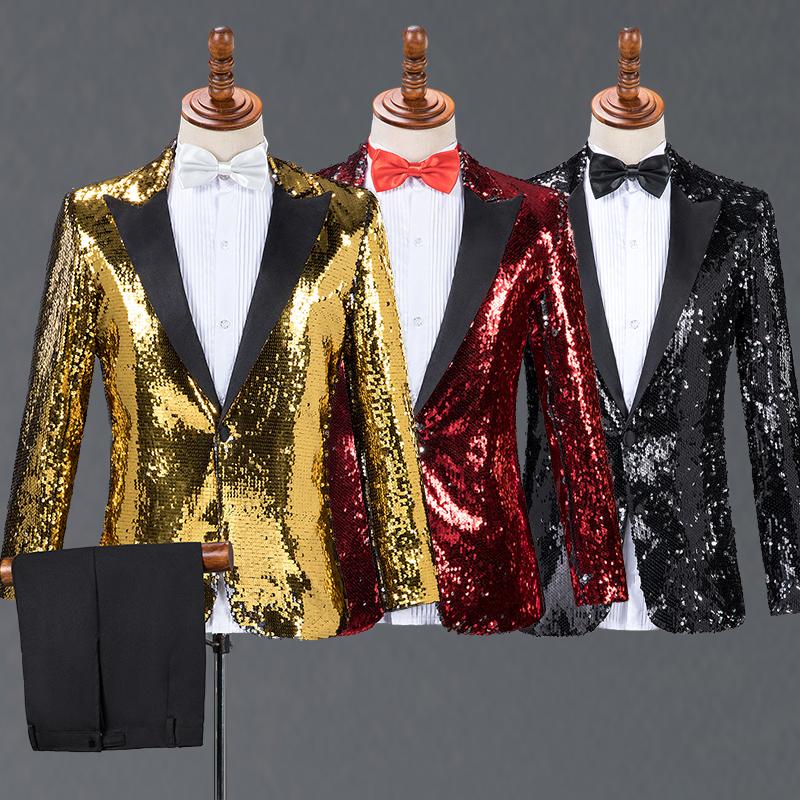 

2021 Men's Gold Costume Sequin Suit Stage Costume Host Singer's Clothes Chorus Performing Apparel Master's Stage Wear VDB876, Gold 3pcs