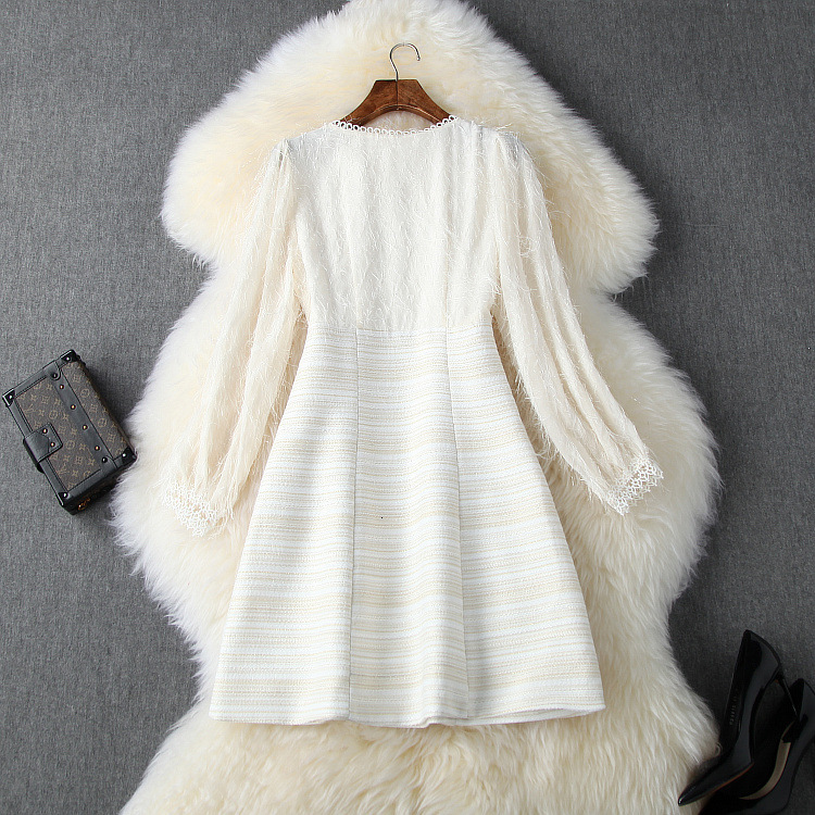 

New 2021 Spring High Quality Women with Cleavage v Mini Tassel Striped Wool Shredded Party Dress of Office Lady Negx, Apricot.
