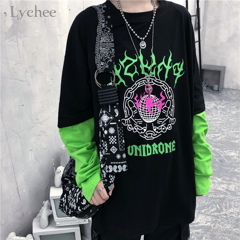 

Lychee Harajuku Flame Letter Print Patchwork Women T Shirt Autumn Fake 2 Pieces Women T-shirts Fluorescent Green Lady T-shirt Y200109, Beige