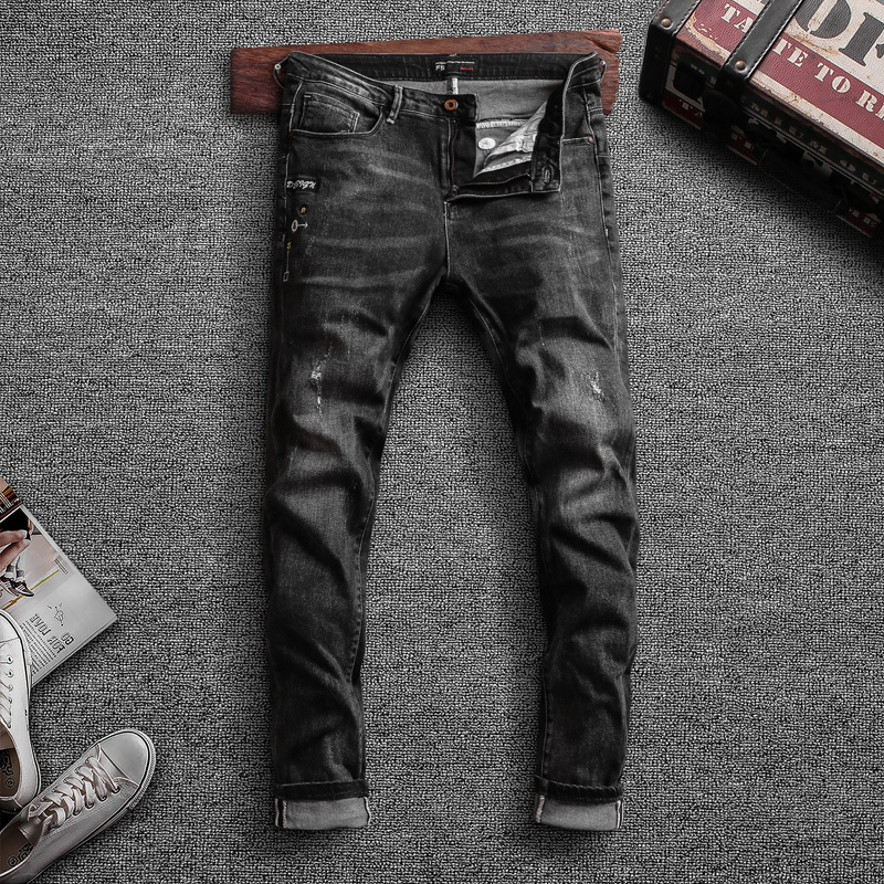 

2021 New Korean Style Fashion Men Jeans High Quality Black Color Elastic Ripped Denim Pencil Pants Streetwear Hip Hop Designer Trousers 0z1p