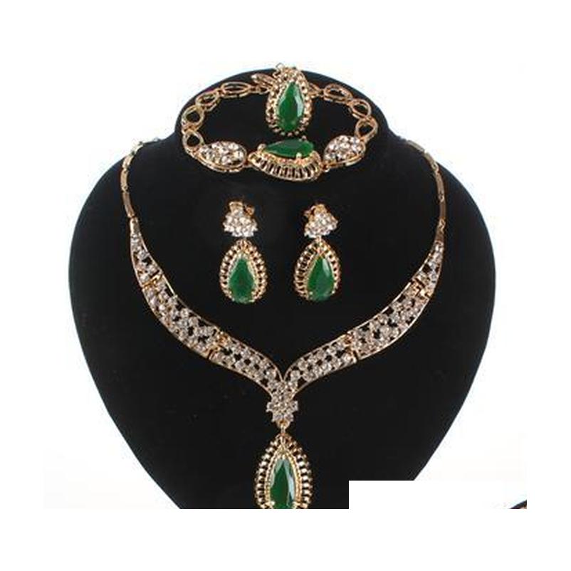 

Wedding Accessories Women Bridal 18K Gold Plated Gem Crystal Necklace Bracelet Ring Earring Jewelry Sets 3Colors Qgw7L