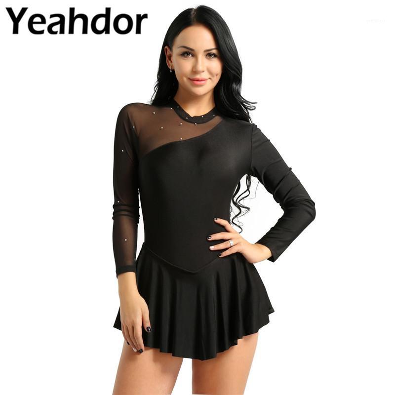

Stage Wear Women Adult Long Sleeve Neck Halter Backless Skating Dress Ballet Dance Gymnastics Leotard Girls Ice Skating1, Black
