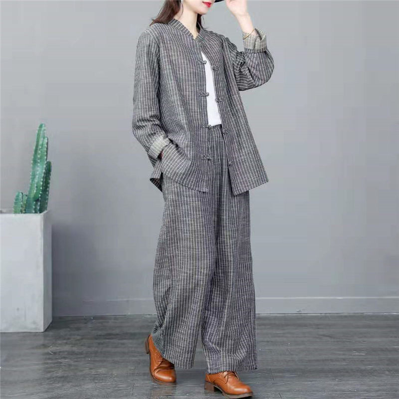 

Retro Suits Loose Large Size Stripe Stand Collar Long Sleeve Jacket + Cotton Linen Trousers Women Tops Pants 2 Piece Set f2819 201106, Gray