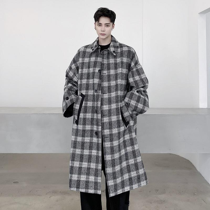 

Male Women Jacket Men Double-sided Wear Diagonal Bag Pocket Houndstooth Loose Casual Long Wool Plaid Trench Coat Outerwear, 3809