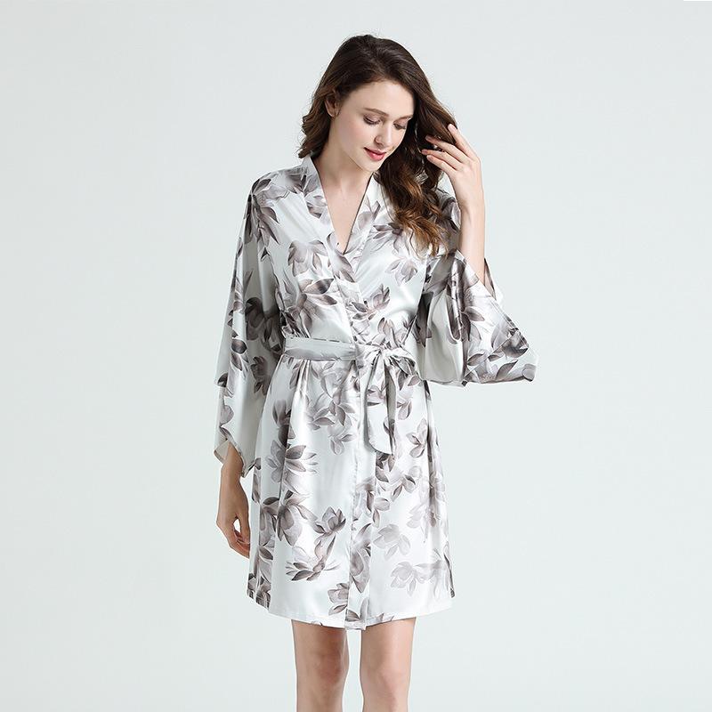 

Lady Kimono Bathrobe Gown Satin Print Sleepwear Nightgown Silky Intimate Lingerie Nightdress Casual Home Dressing Gown Homewear, Style 2