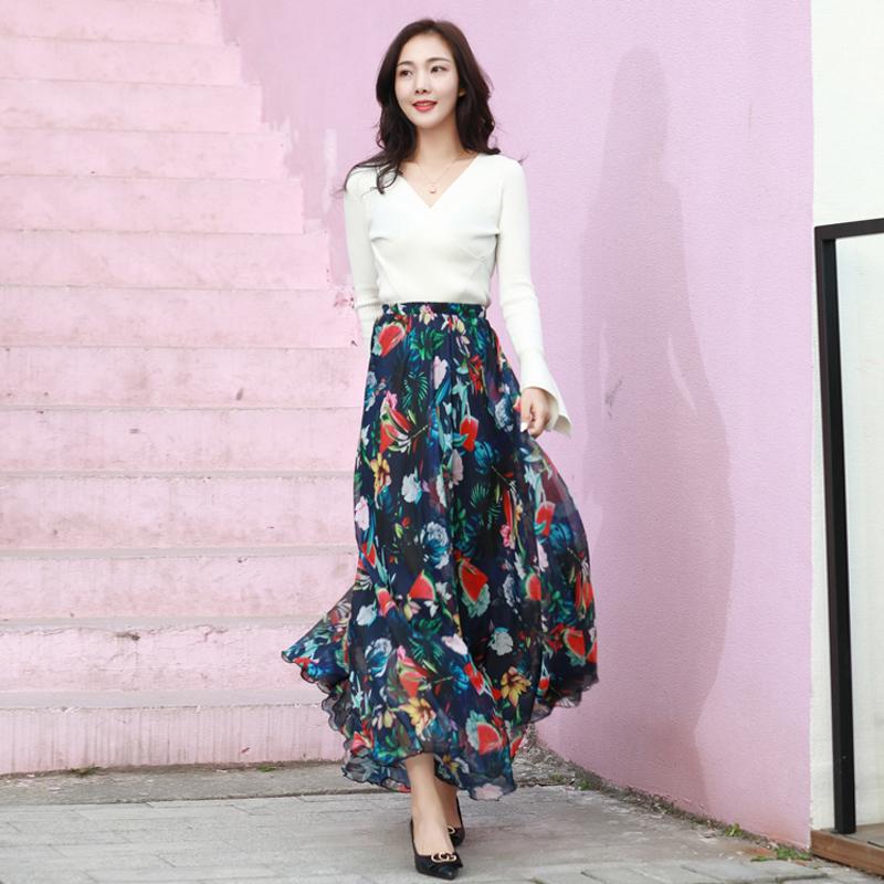 

2020 New Pattern Plus Size Chic Vintage Bohemian Beach Skirt Summer Long Skirts Womens Holiday Maxi Floral Skirt, Black