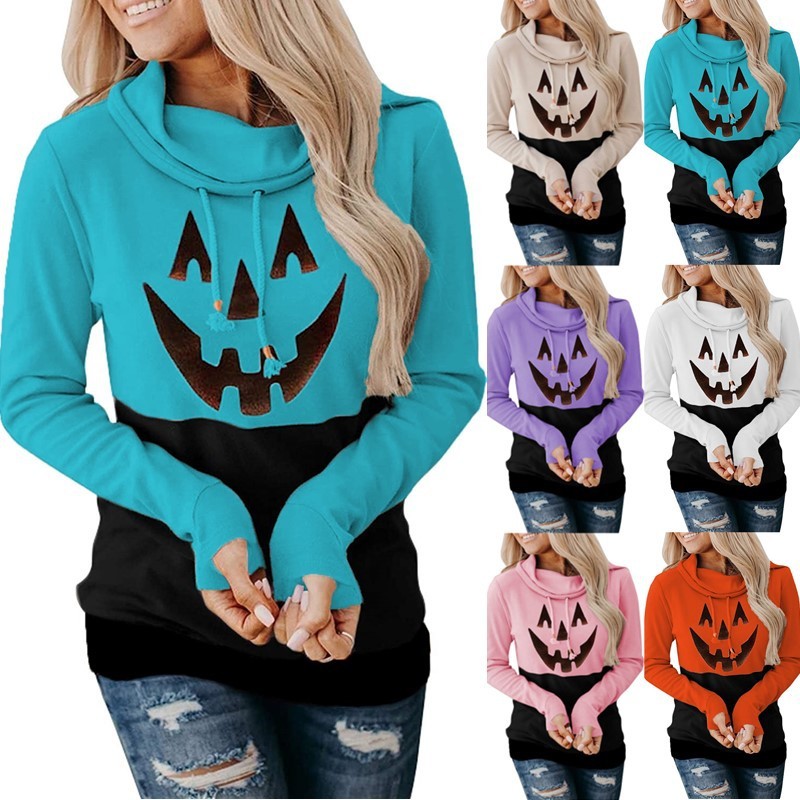 

2021 New Winter Halloween Pumpkin Printed High Lace to Female Sleeve Top RPKP, Orange.
