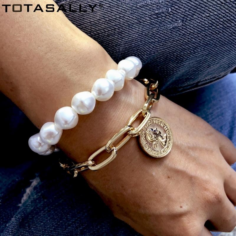 

TOTASALLY New arrival Baroque Irregular Pearl Charms Bracelet Gold Metal Chains Coin Toggle Bangle for Women Ladies Jewelry Gift