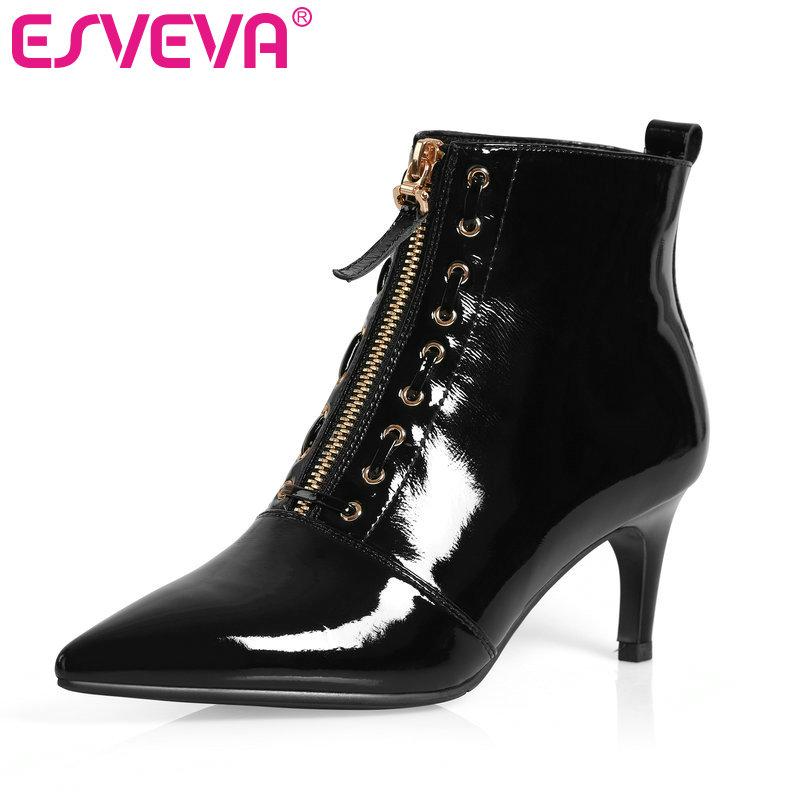 

ESVEVA 2021 Women Shoes Winter Ankle Boots Thin High Heel Elegant PU+ Leather Pointed Toe Motorcycle Platform Boots Size 34-39, Black