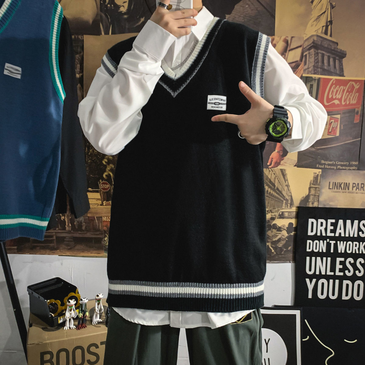 

2021 New Winter New Men's Sleeveless Casual Woman Korean Student Sweater Man Streetwear Fashion Clothing V841, Blue