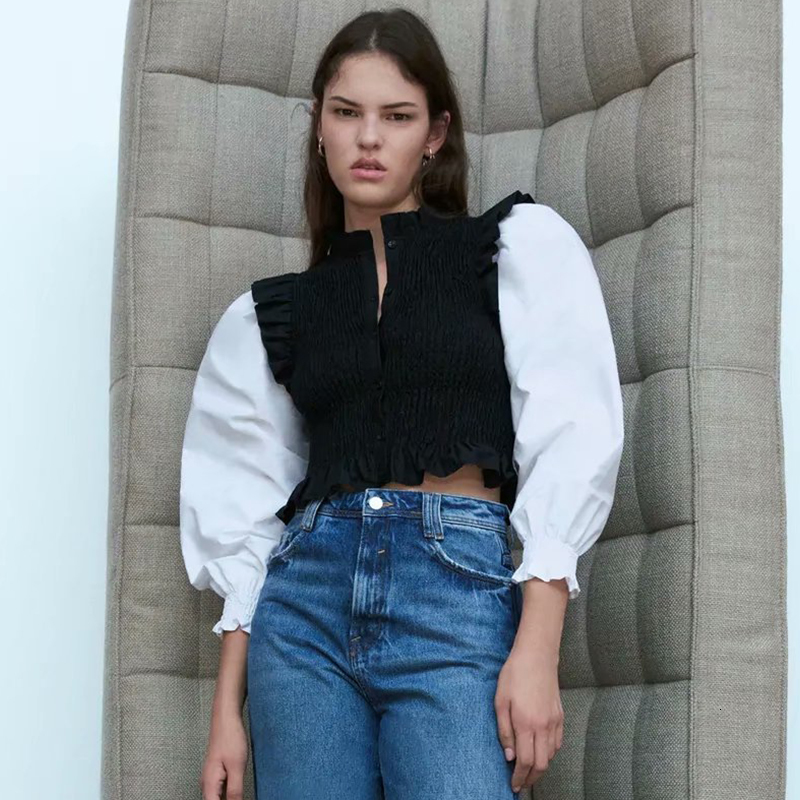 

Women Spring Short Blouses Lantern Sleeve Shirts New Arrival 2021 Streetwear Patchwork Print Ladies Oversized Casual Tops Te8a, Black